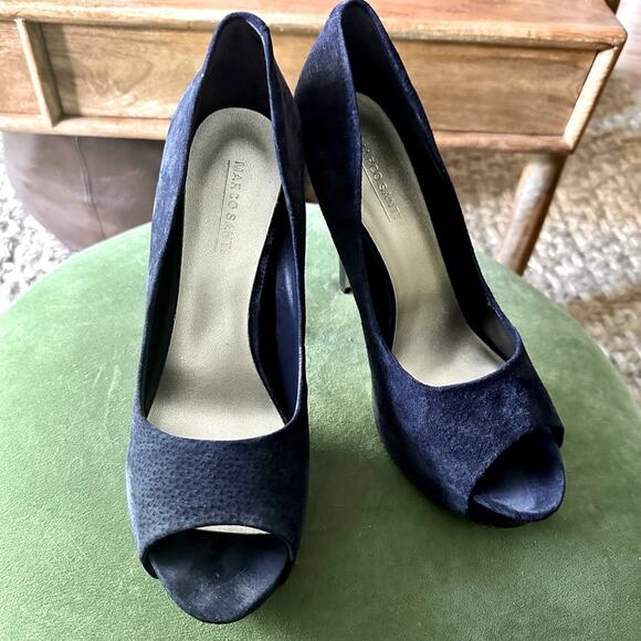 Marco Santi Navy Suede Peep Toe Stiletto Heels, size 9.5 - Picture 1 of 9